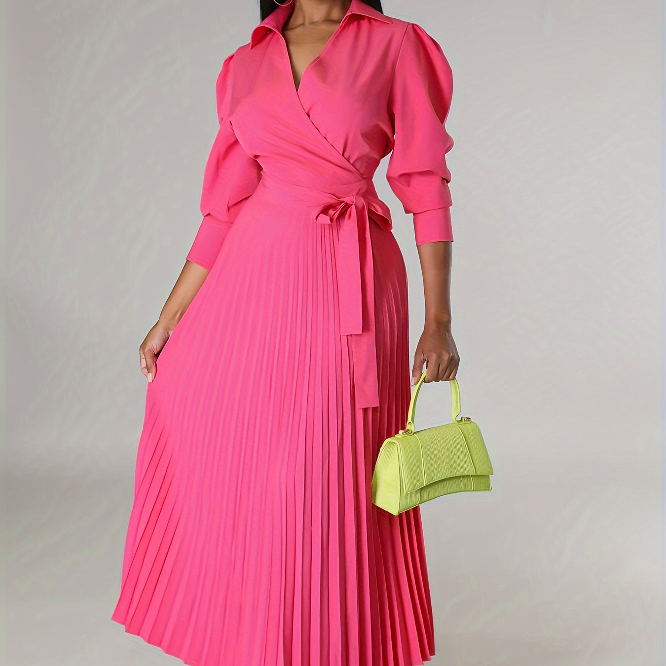 Ginna - Vestido plisado liso con cuello en V