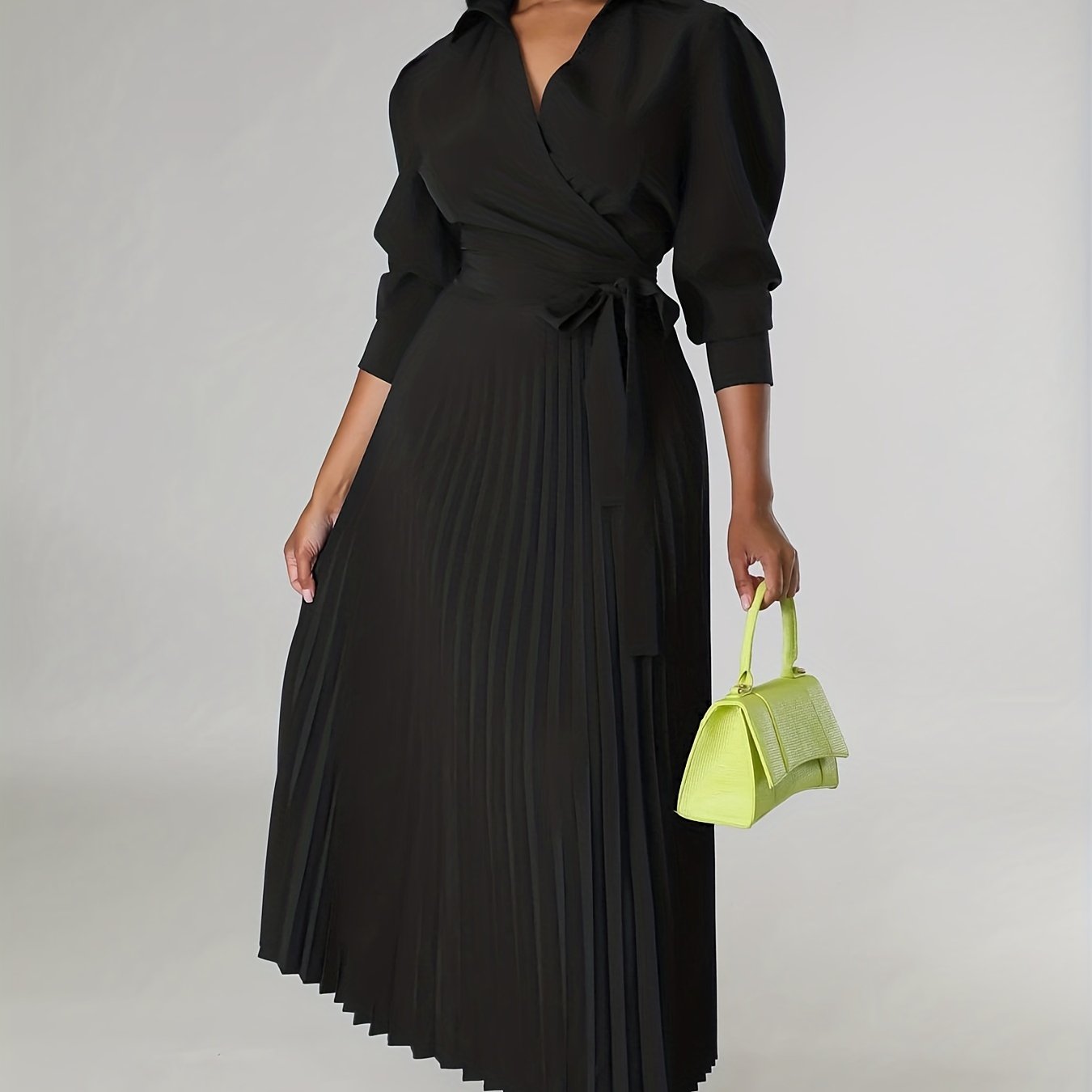 Ginna - Vestido plisado liso con cuello en V