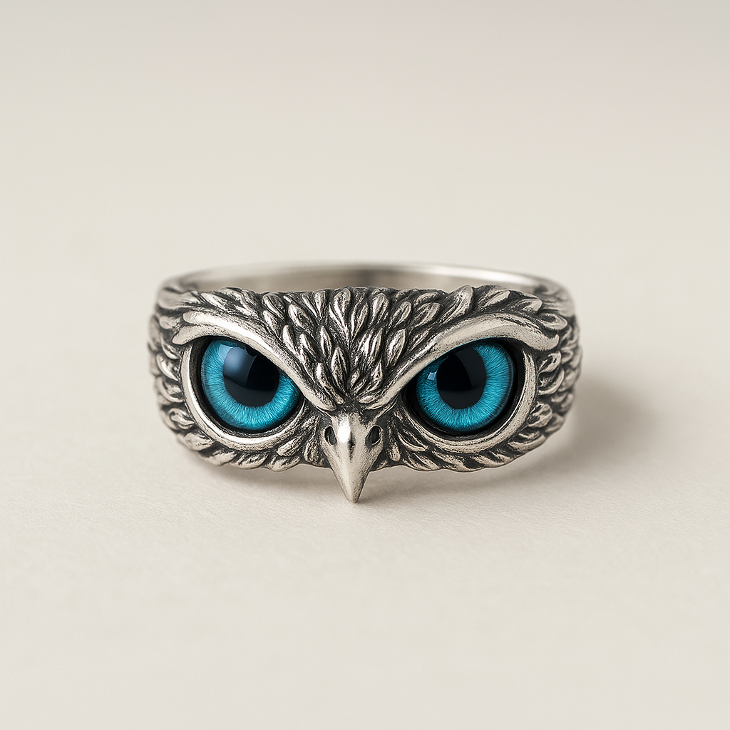 Anillo ajustable Búho de la Buena Suerte en Plata y Ópalo
