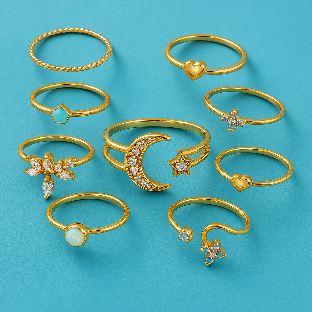 Paquete de 10 anillos plateados y dorados estilo bohemio