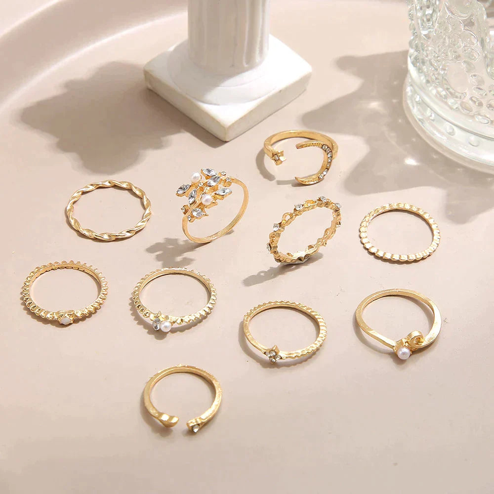 Paquete de 10 anillos plateados y dorados estilo bohemio