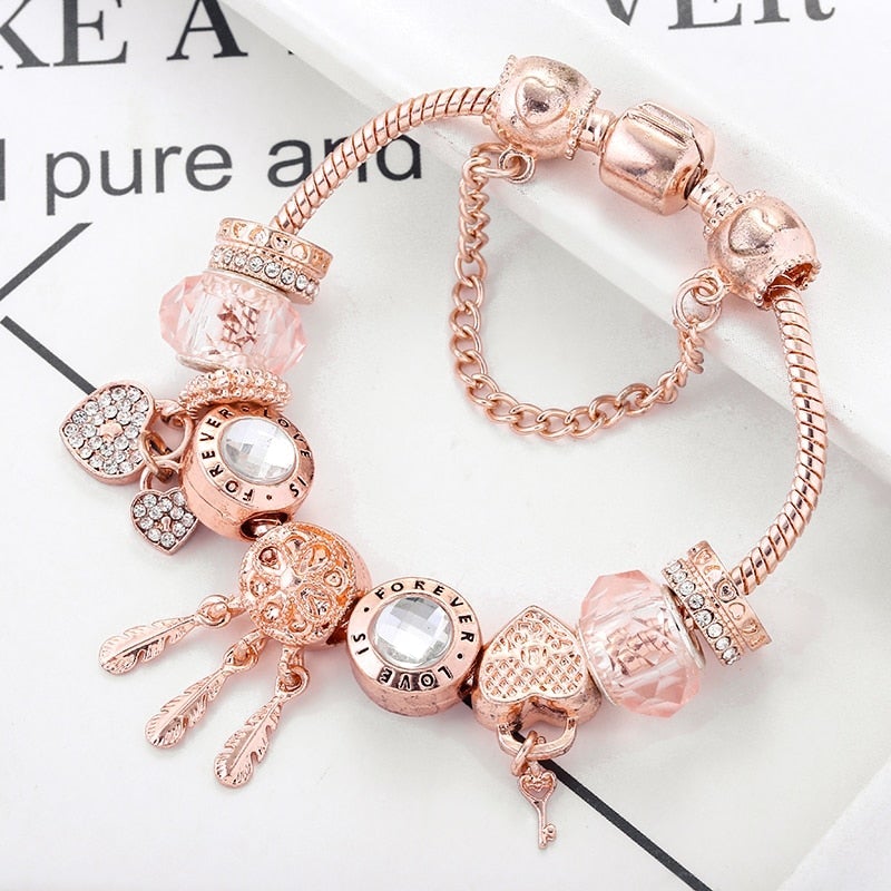 Pulsera Cesta de los Sueños de Rosas con Listones y Encantos Incluidos en Plata de Ley