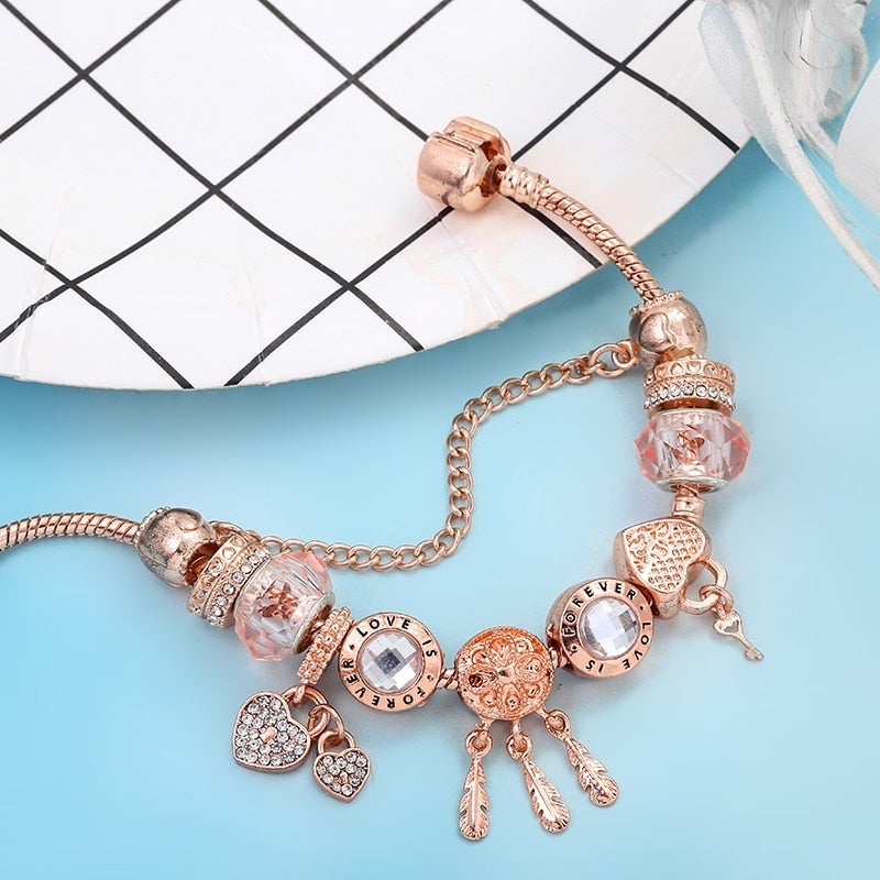 Pulsera Cesta de los Sueños de Rosas con Listones y Encantos Incluidos en Plata de Ley