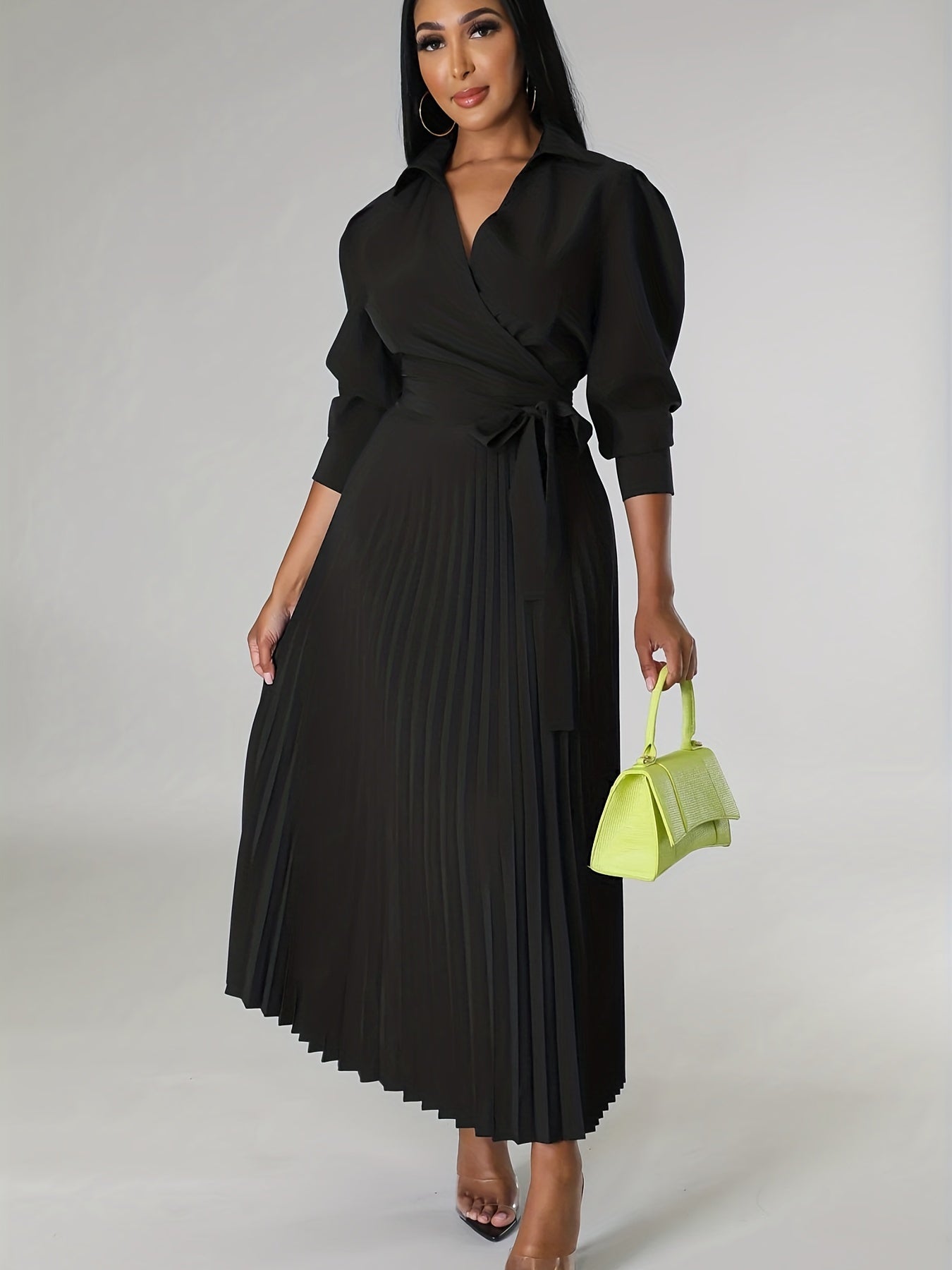 Ginna - Vestido plisado liso con cuello en V