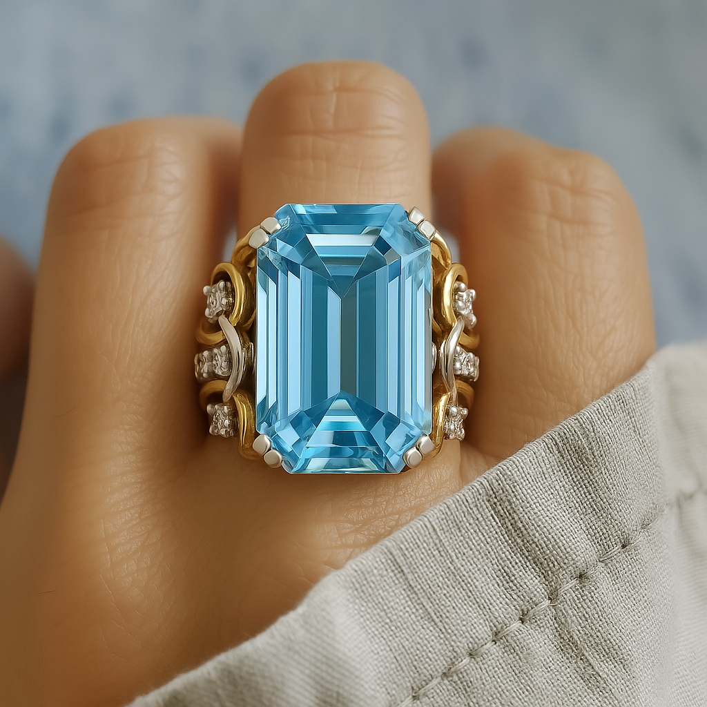 Anillo de oro con capas y zirconia azul vintage