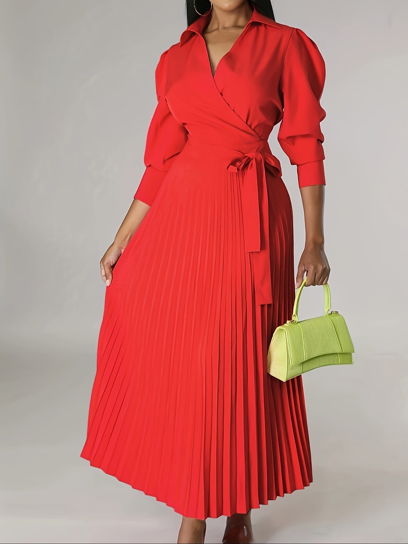 Ginna - Vestido plisado liso con cuello en V