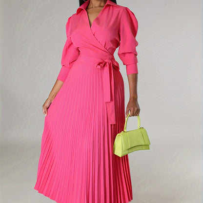 Ginna - Vestido plisado liso con cuello en V