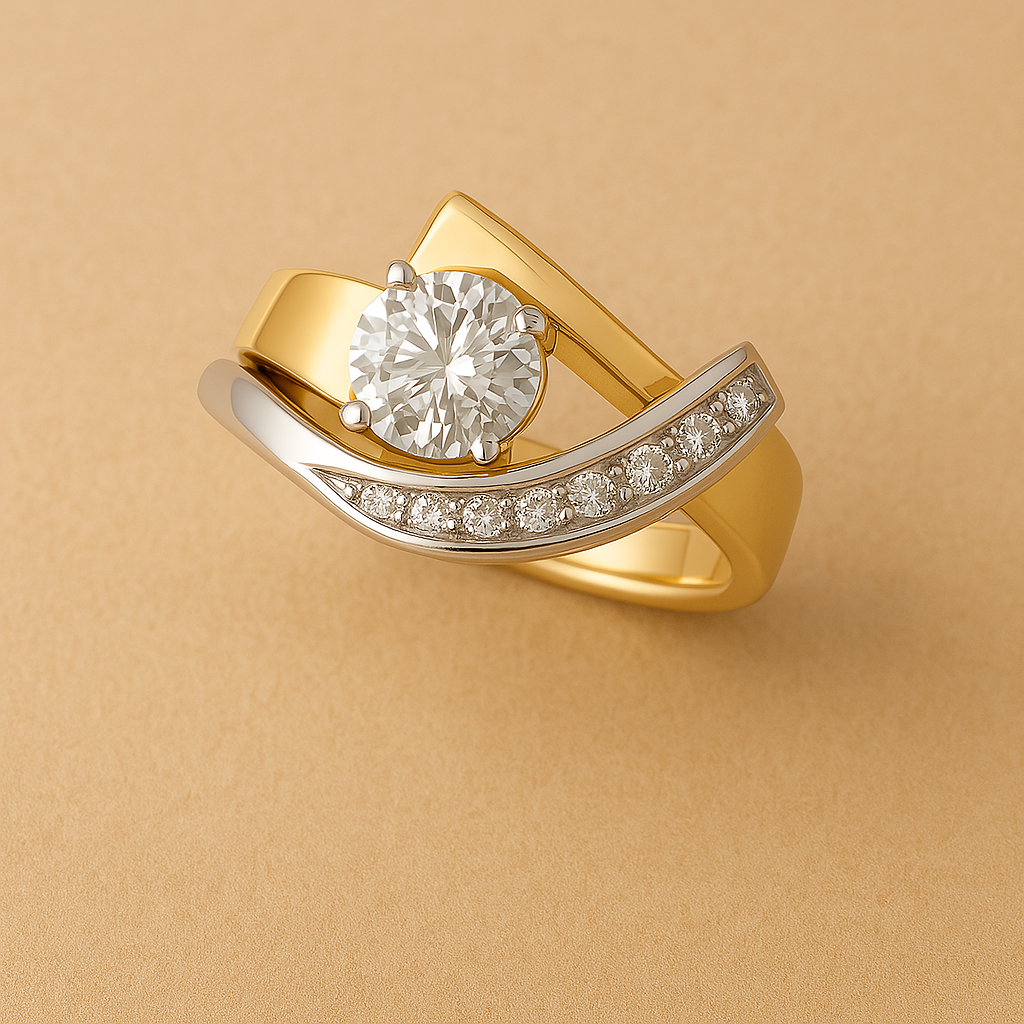 Anillo Vintage Irregular de Zirconia en Oro y Plata