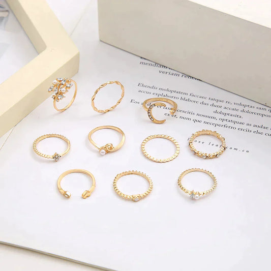 Paquete de 10 anillos plateados y dorados estilo bohemio