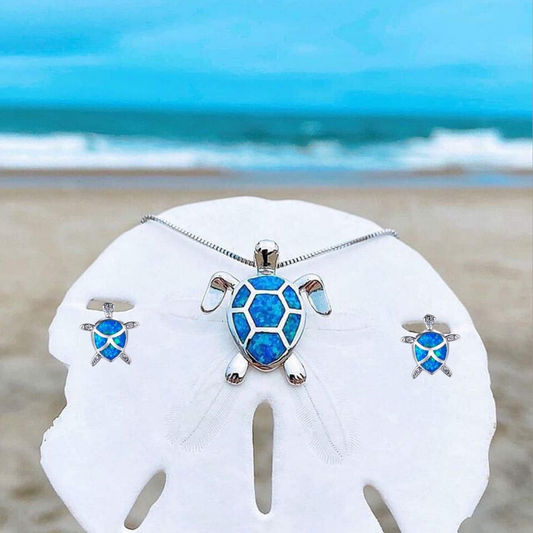 Conjunto de Collar y Pendientes de Tortuga Marina en Ópalo y Plata