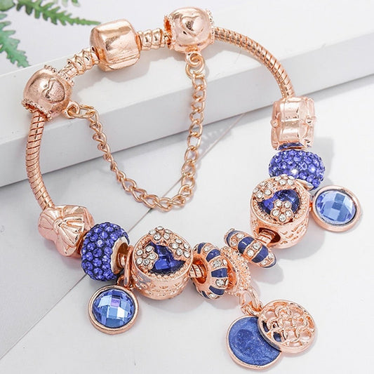 Pulsera en rosa, plata y cristal azul