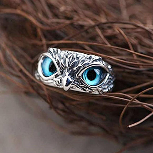 Anillo ajustable Búho de la Buena Suerte en Plata y Ópalo