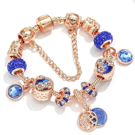 Pulsera en rosa, plata y cristal azul