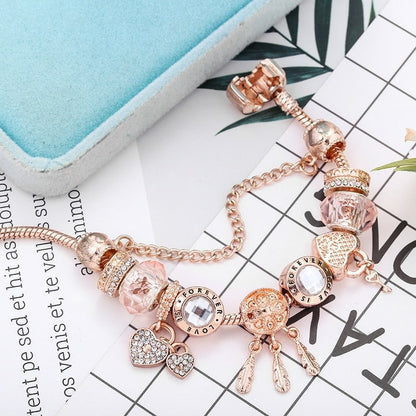 Pulsera Cesta de los Sueños de Rosas con Listones y Encantos Incluidos en Plata de Ley