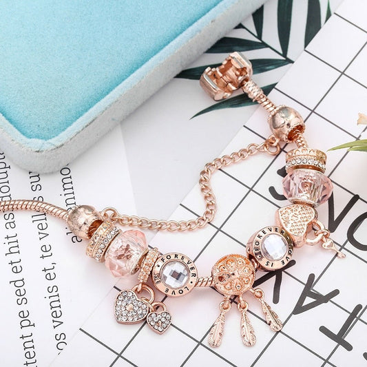 Pulsera Cesta de los Sueños de Rosas con Listones y Encantos Incluidos en Plata de Ley