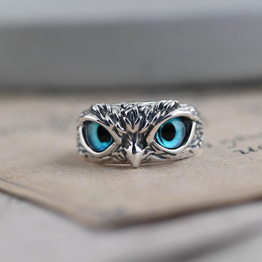 Anillo ajustable Búho de la Buena Suerte en Plata y Ópalo
