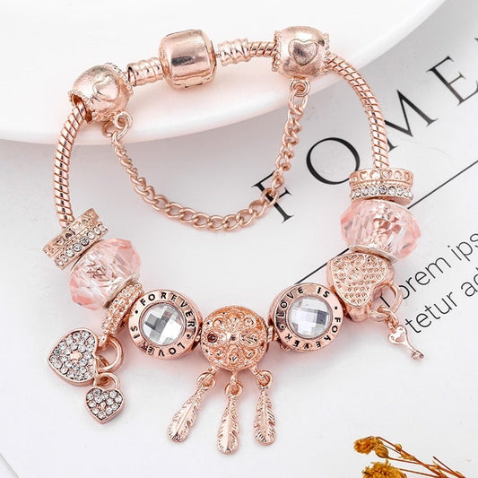 Pulsera Cesta de los Sueños de Rosas con Listones y Encantos Incluidos en Plata de Ley