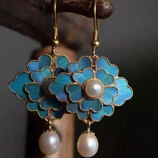 Pendientes colgantes de perla de loto azul vintage