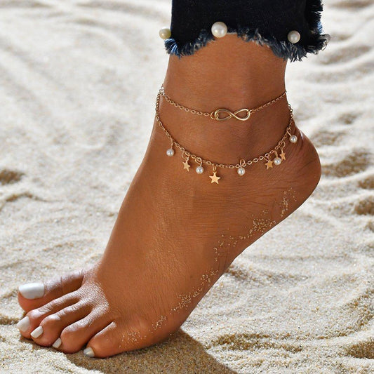 Pulsera de tobillo Infinity + Perlas y Estrellas